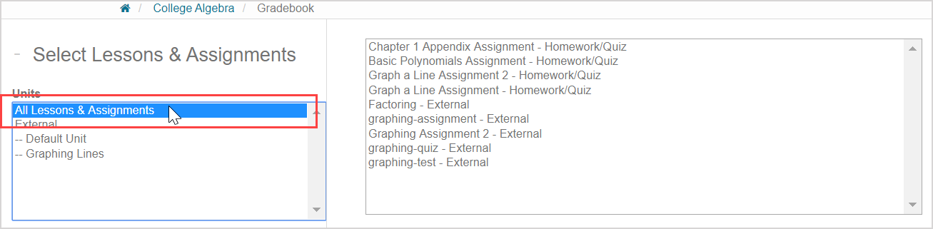 The All Lessons and Assignments option is the first option in the units list.